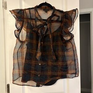sheer plaid ruffle sleeve top